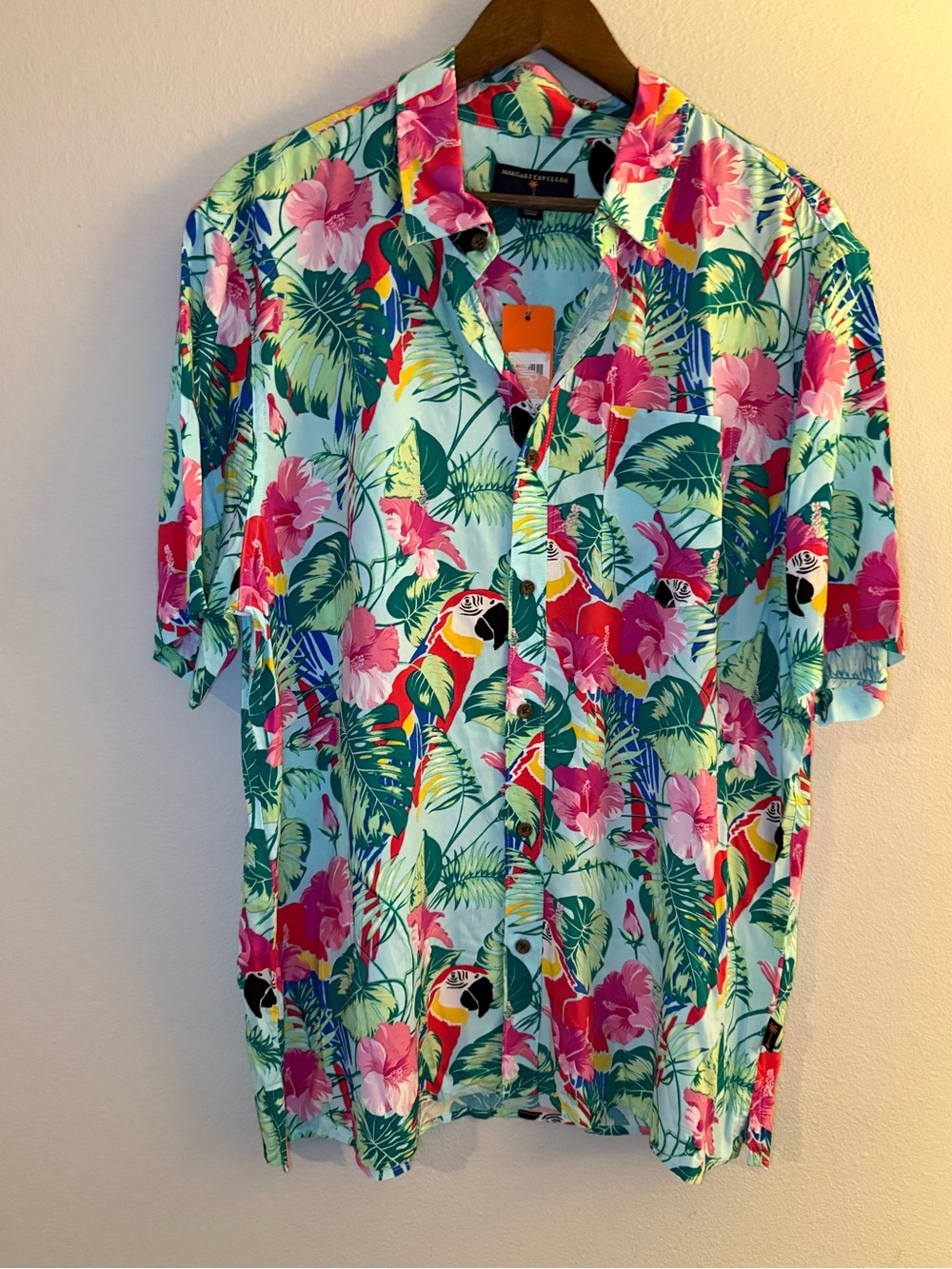 Margaritaville Aqua Parrot & Pink Floral Button-Down Shirt - Men’s Large - Picture 2 of 9